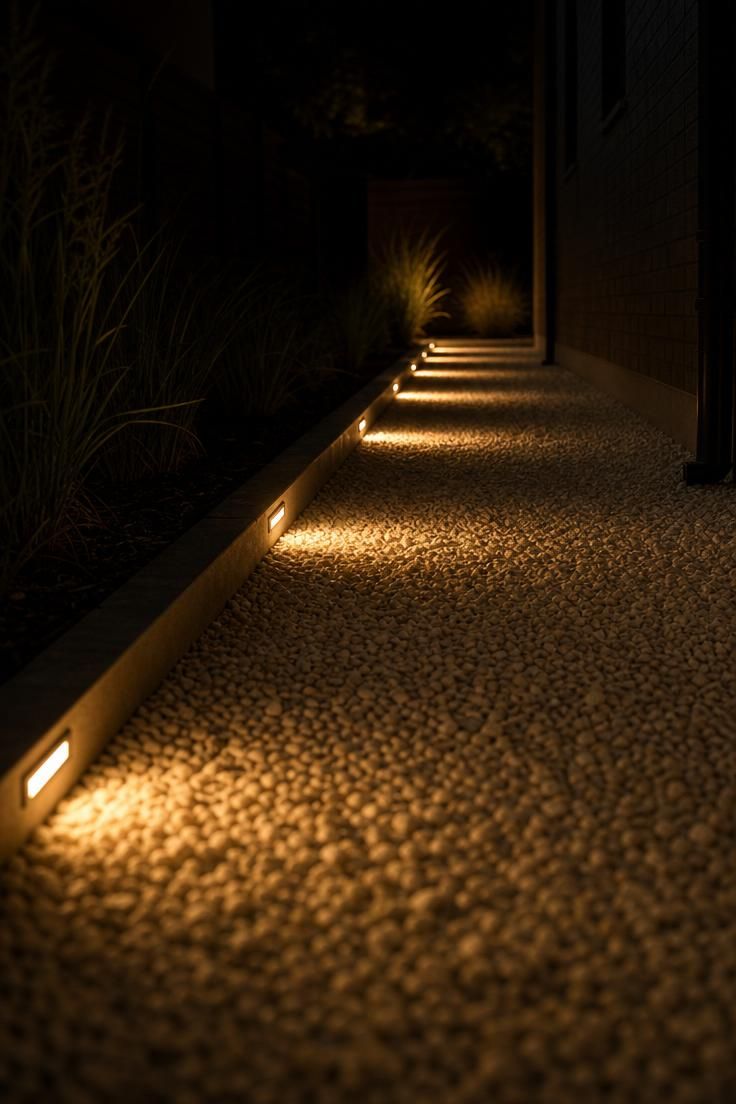 Recessed LED step lights casting warm amber pools along a side yard gravel path at night with deep shadows between each light.