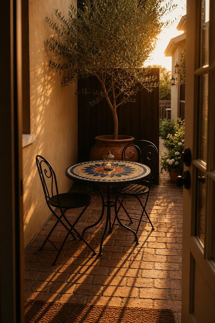 A pocket seating nook in a side yard widening with mosaic bistro table, matte black metal chairs, a potted olive tree, and warm golden afternoon light.