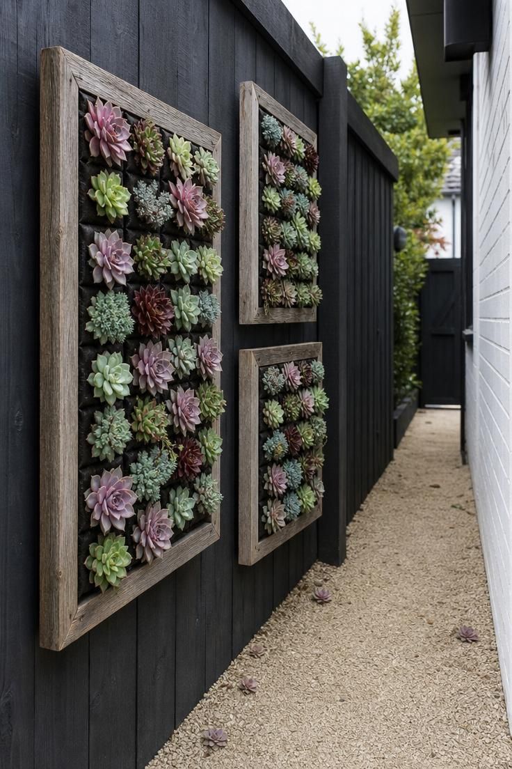 Three vertical succulent panels in reclaimed wood frames mounted on a dark cedar fence in a narrow side yard under cool overcast light.