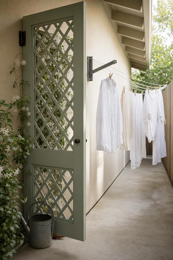 A painted sage green lattice screen partially open revealing a retractable clothesline with white linens hanging in a side yard in soft diffused light.