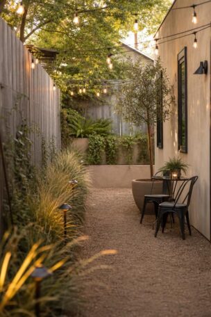 A beautifully styled narrow side yard with decomposed granite path, string lights, potted olive tree, bistro seating, and warm golden afternoon light.
