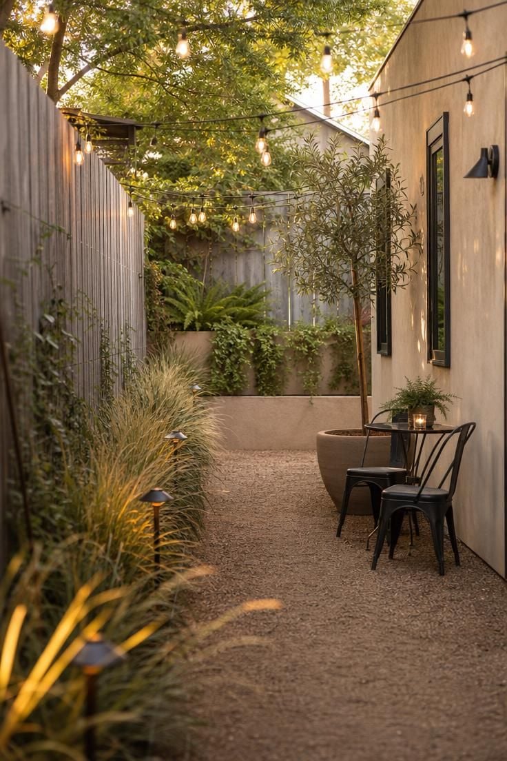 Simple Spaces 17 A beautifully styled narrow side yard with decomposed granite path, string lights, potted olive tree, bistro seating, and warm golden afternoon light.