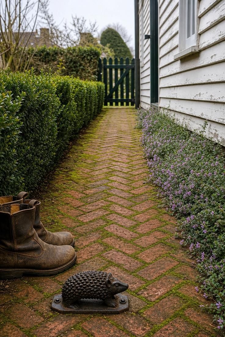 Herringbone red brick side yard path with moss-filled joints and a cast iron boot scraper at the entrance