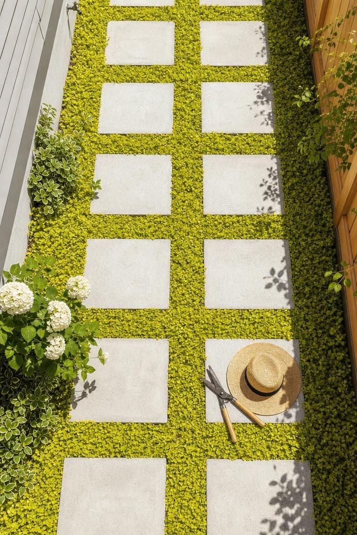 Overhead view of whitewashed concrete stepping pads set in bright chartreuse creeping Jenny ground cover