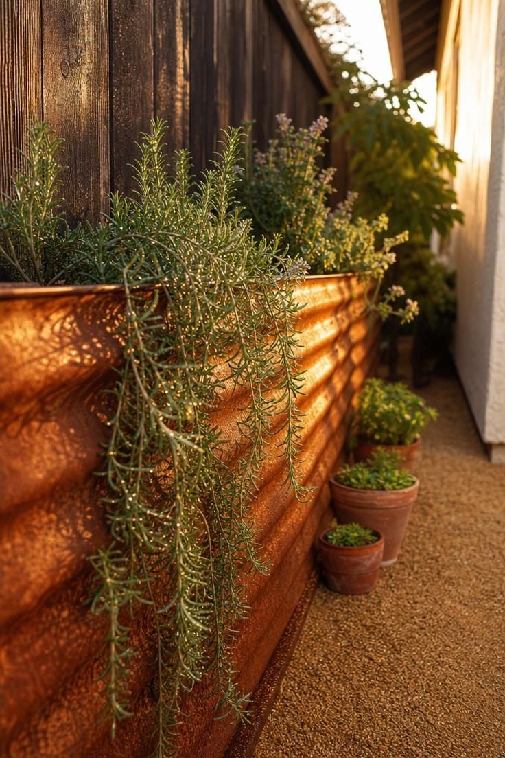 Close-up of a corten steel raised planter with trailing rosemary against a cedar fence in warm golden light