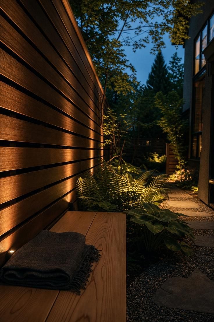 Built-in cedar bench integrated into an ipe wood slatted privacy wall in a side yard at twilight