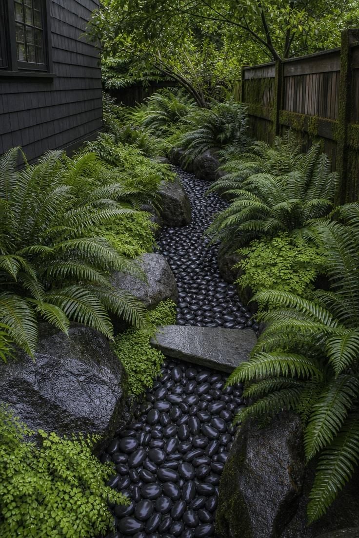 Overhead view of a black polished river rock dry stream bed lined with sword ferns in a shaded side yard