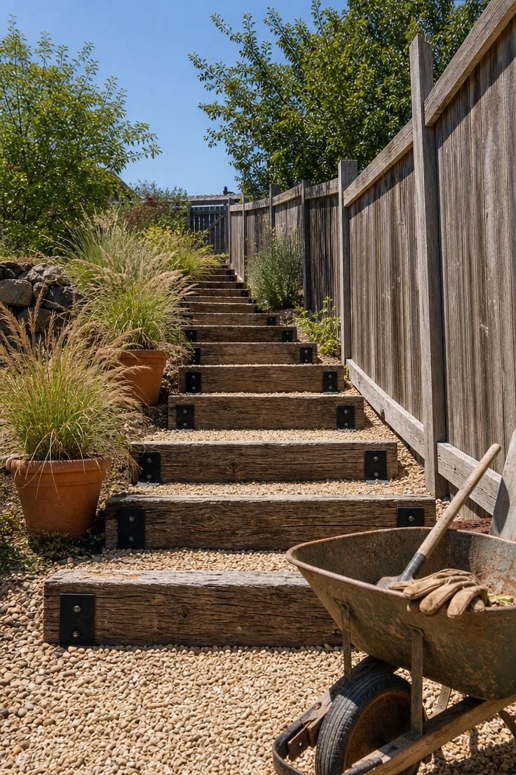 Low-angle view of reclaimed railroad tie steps with pea gravel terraces in a sunny sloped side yard