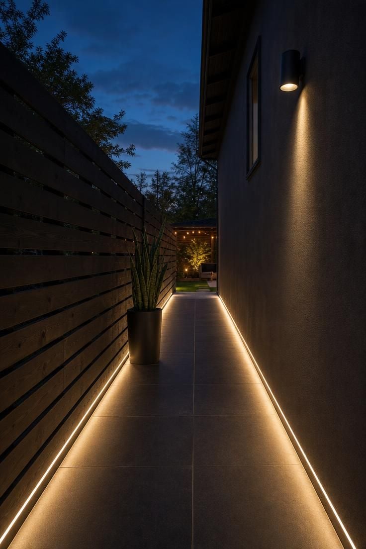 Charcoal porcelain tile runner with warm LED strip edging in a modern side yard at dusk
