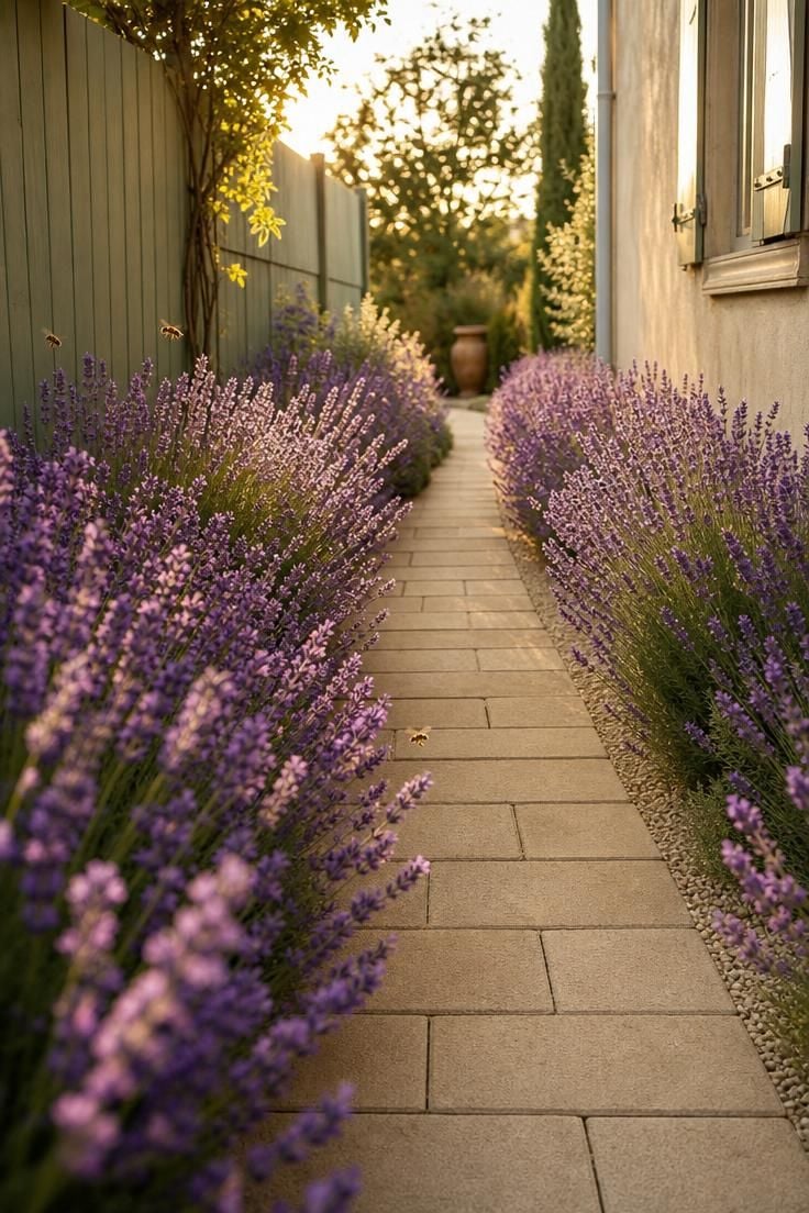 Sand-colored concrete paver pathway bordered by blooming dwarf lavender in warm golden afternoon light