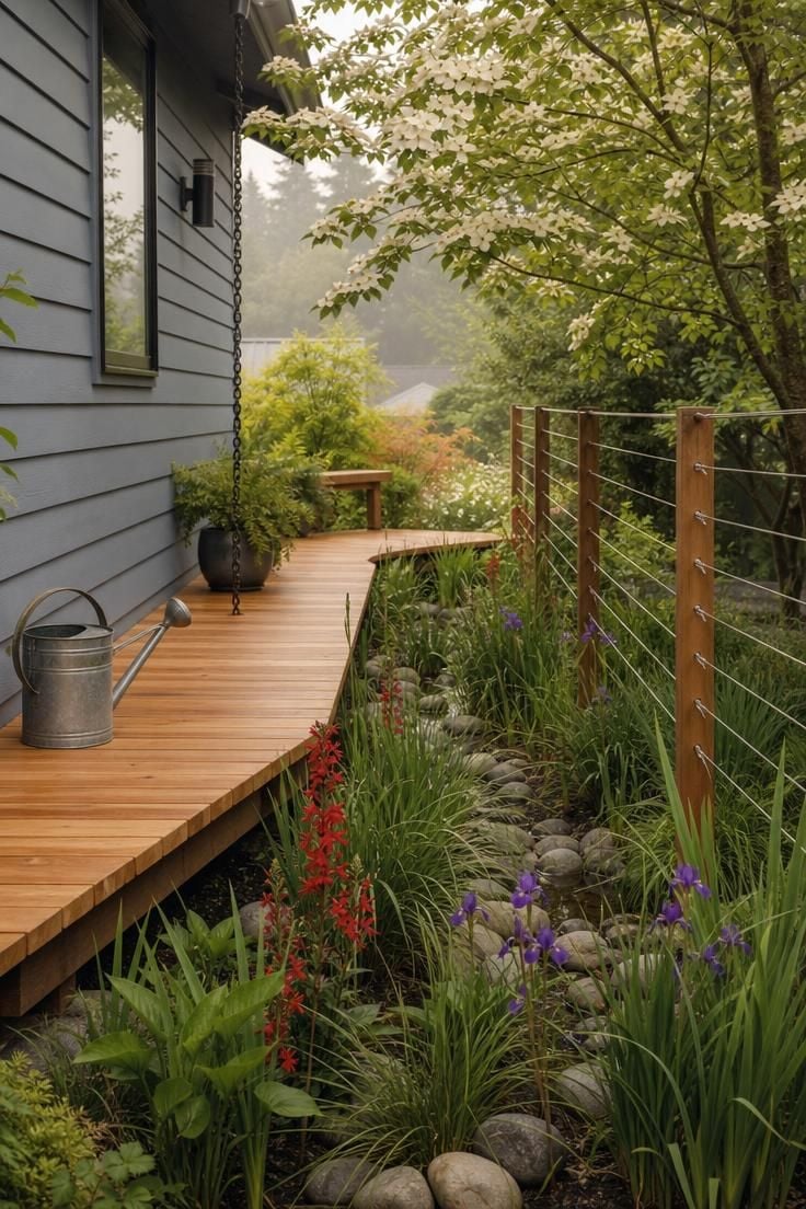 Cedar boardwalk floating over a rain garden swale planted with sedges and blue flag iris in a side yard