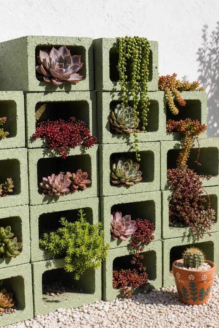 Close-up of a sage green painted cinder block vertical garden wall filled with succulents and sedum