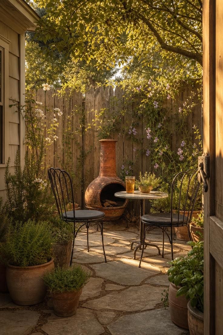 Natural flagstone patio nook with a clay chiminea and two black bistro chairs in a side yard