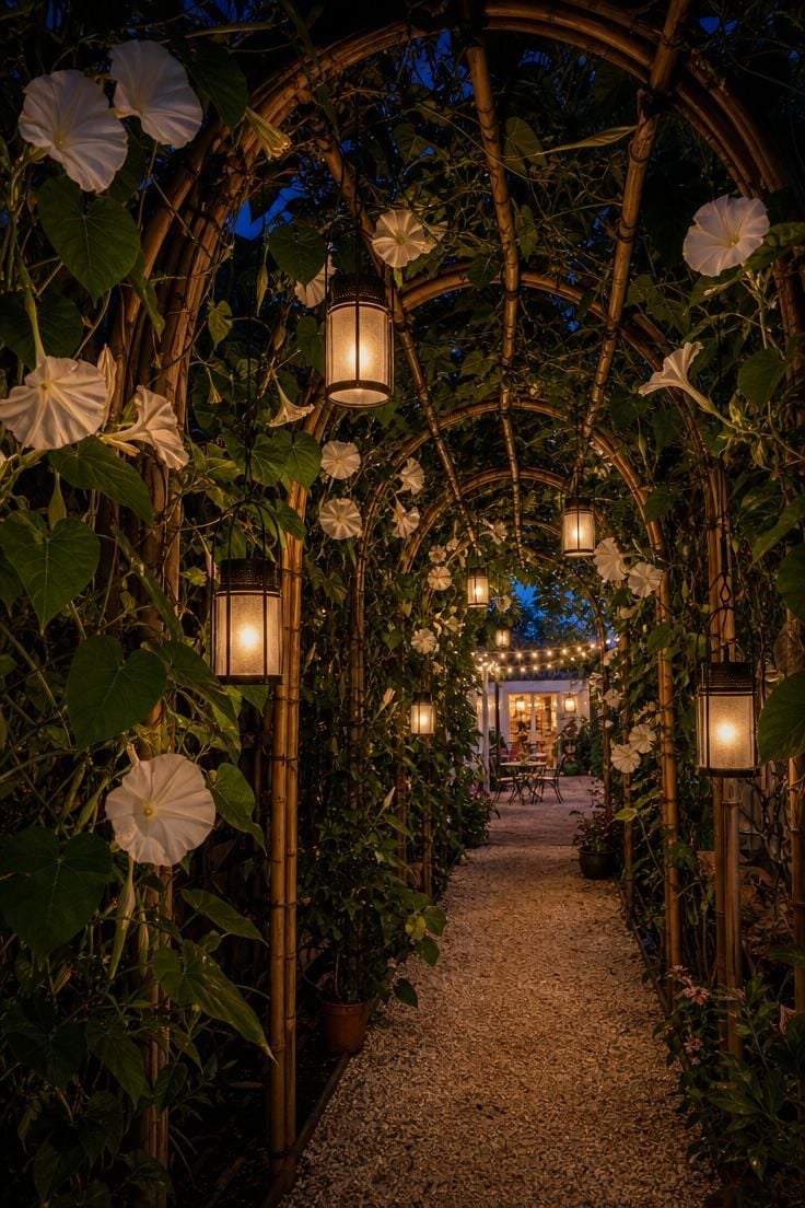 Interior view through a bamboo arch tunnel with hanging glass lanterns and moonflower vines at dusk
