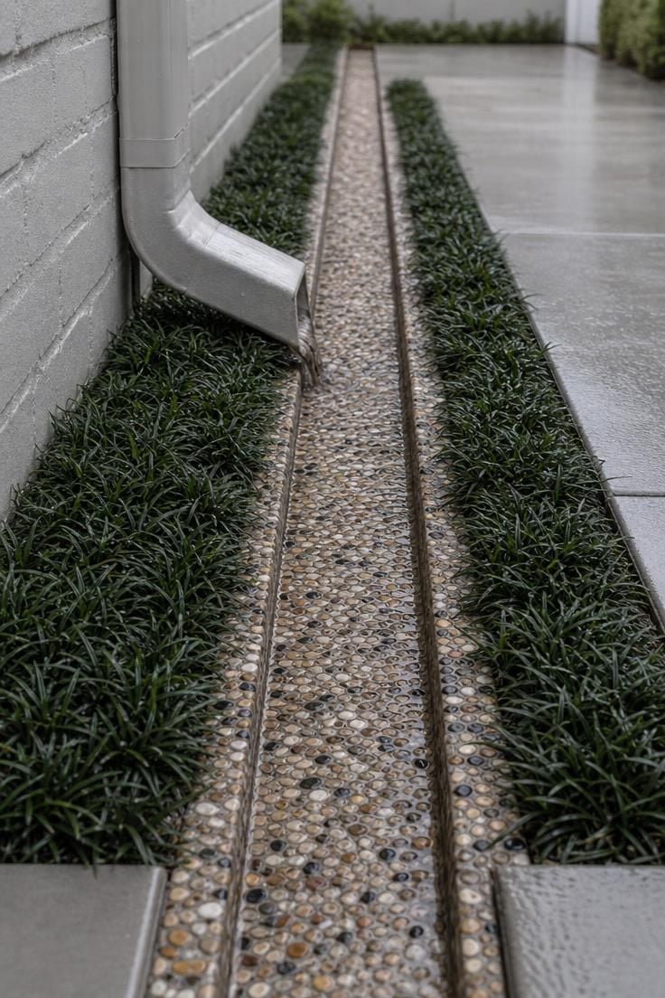 Close-up of a polished aggregate concrete channel drain with mondo grass borders in a side yard