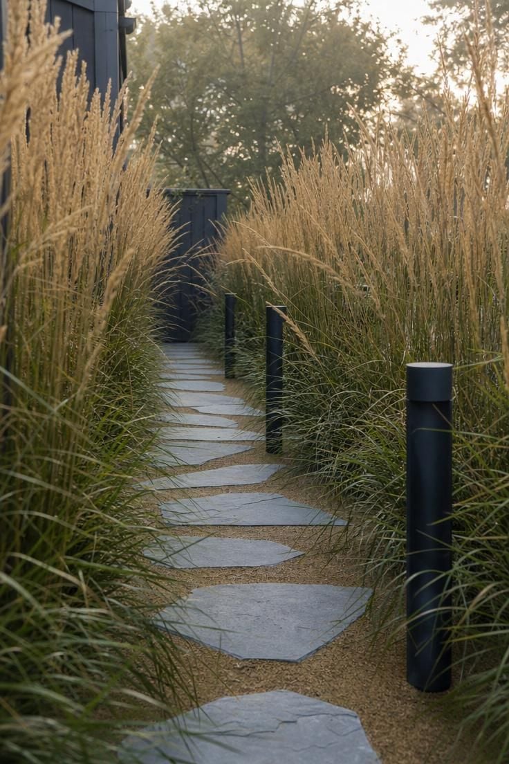 Eye-level view through a feather reed grass alley with bluestone stepping stones and solar bollards in a side yard