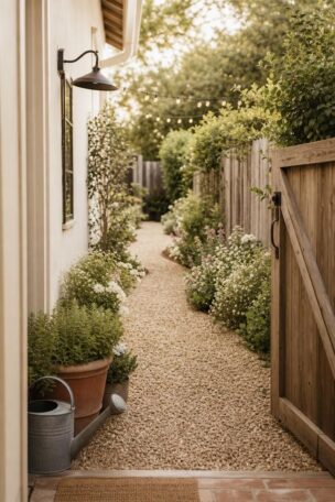 Charming side yard corridor with gravel pathway, flowering borders, and string lights viewed from an open garden gate