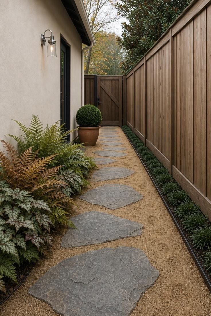 Irregular bluestone slab pathway through a narrow side yard with decomposed granite fill and ferns along the edges on an overcast day.