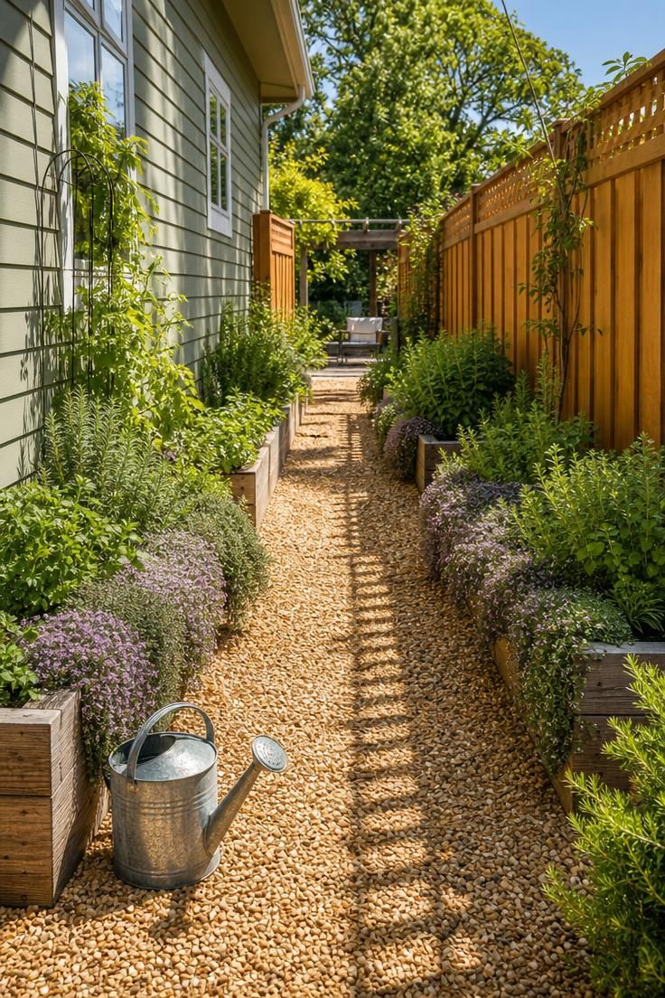 Honey-toned pea gravel pathway through a bright side yard with weathered cedar raised bed borders and trailing herbs in full sun.