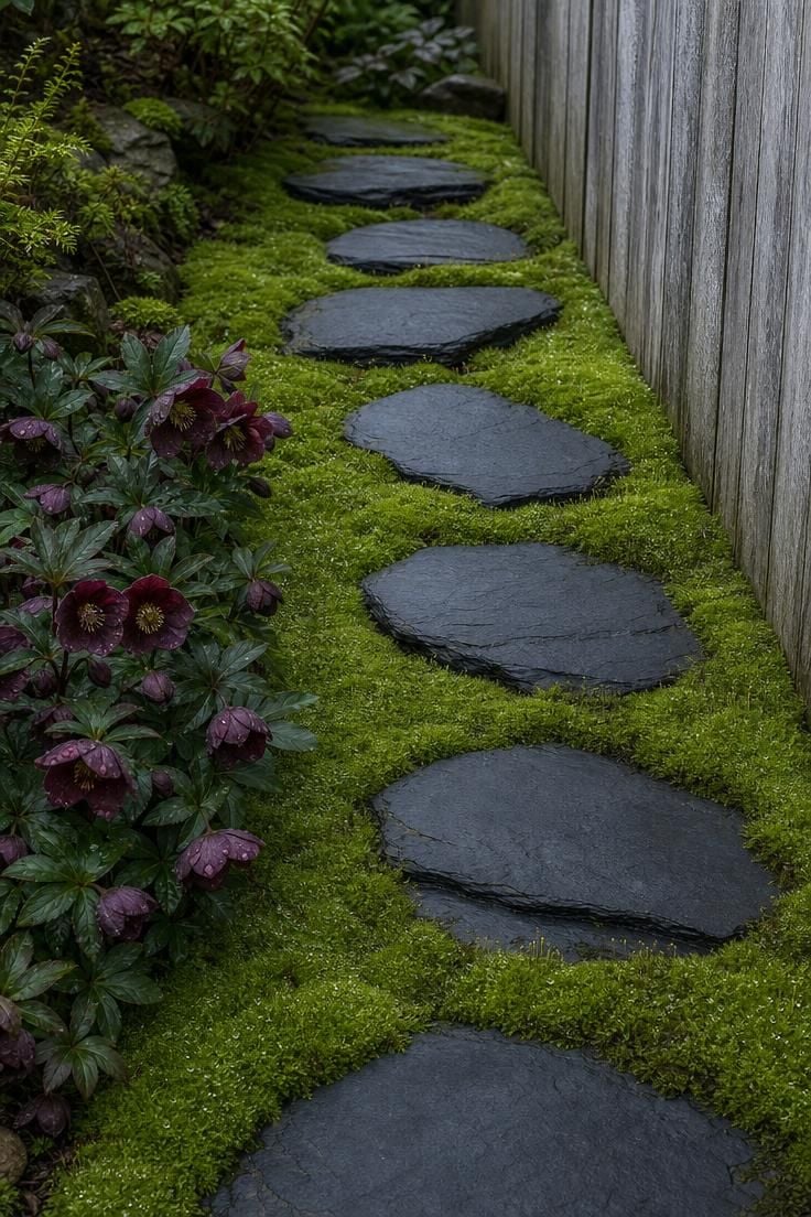 Overhead view of dark charcoal slate stepping stones set in bright green Irish moss ground cover in a shaded side yard with soft diffused light.