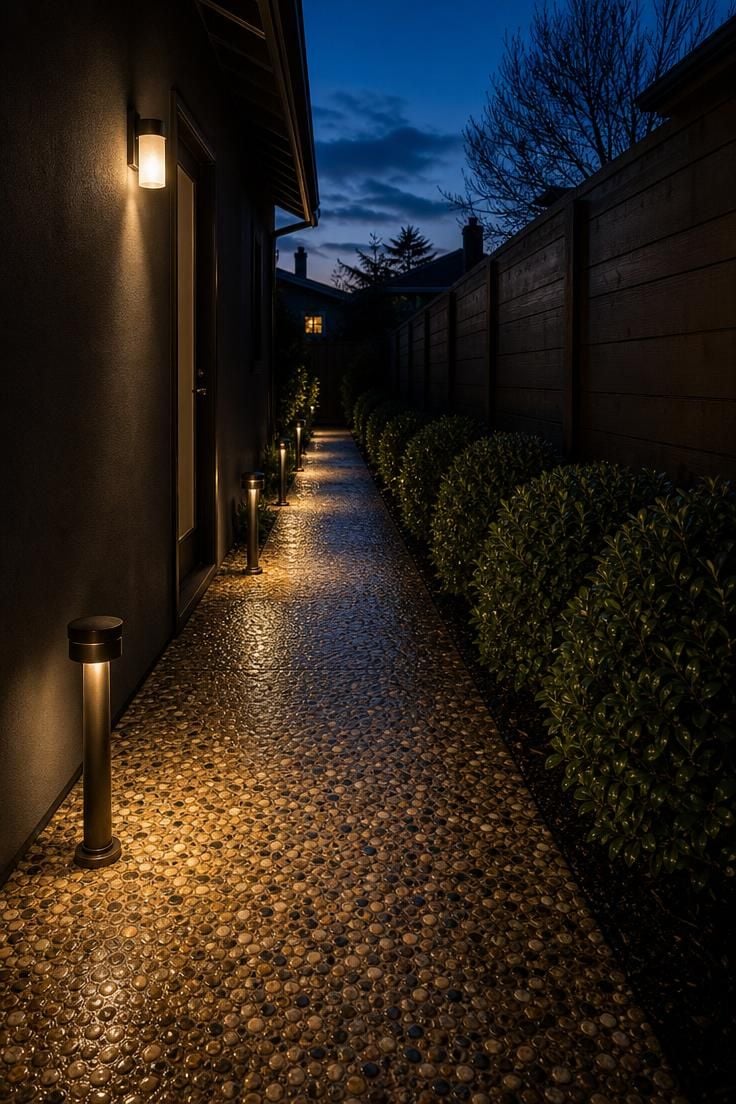 Exposed aggregate concrete pathway in a narrow side yard at dusk with bronze path lights casting amber pools along a dark cedar fence.