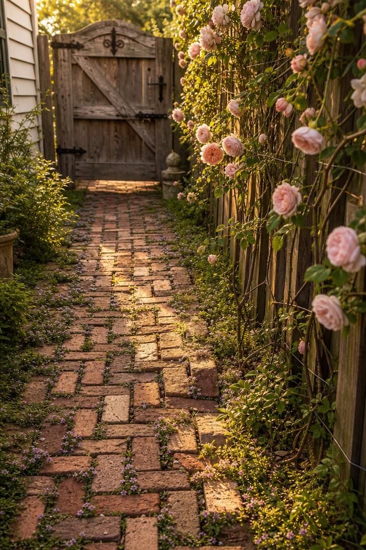 Close-up of a salvaged brick pathway in a basket weave pattern with creeping thyme between joints, lit by warm golden hour light in a side yard.