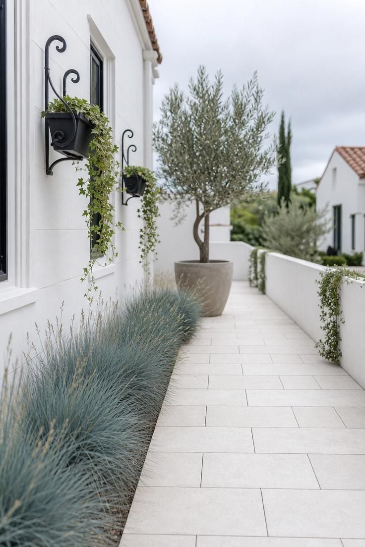 White limestone paver pathway with ornamental blue fescue grasses along a side yard, photographed at eye level on a cool overcast day.