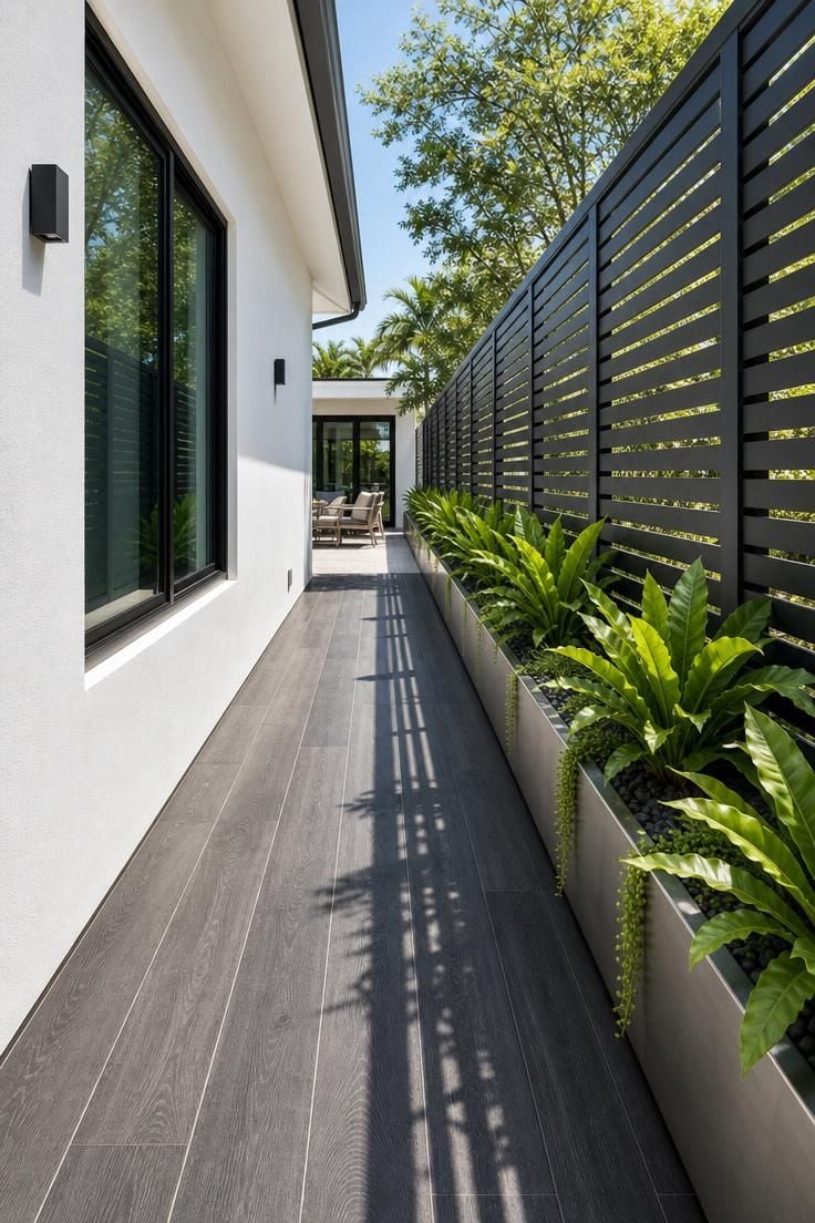 Charcoal porcelain plank tile pathway in a narrow side yard with modern aluminum fencing and linear planters under bright midday sun.