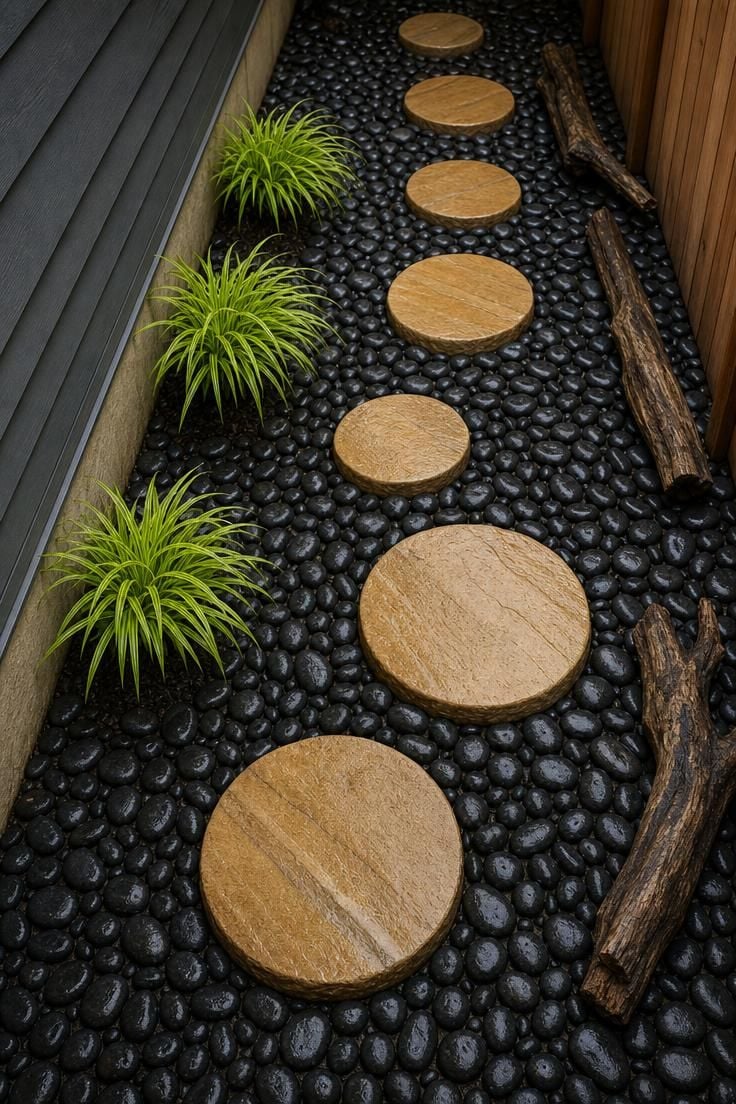 Overhead view of round sandstone stepping discs floating in a bed of polished black river rock with Japanese forest grass accents in a side yard.