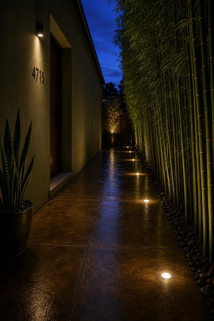 Acid-stained concrete pathway with recessed LED ground lights in a narrow side yard at twilight, flanked by bamboo screening and dark olive walls.