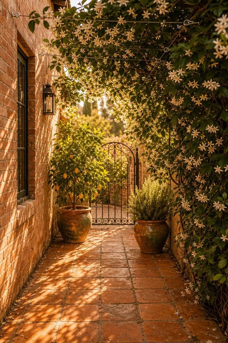 Saltillo terra cotta tile pathway under a star jasmine wire trellis in a warm golden hour side yard with ceramic pots and a wrought iron gate.