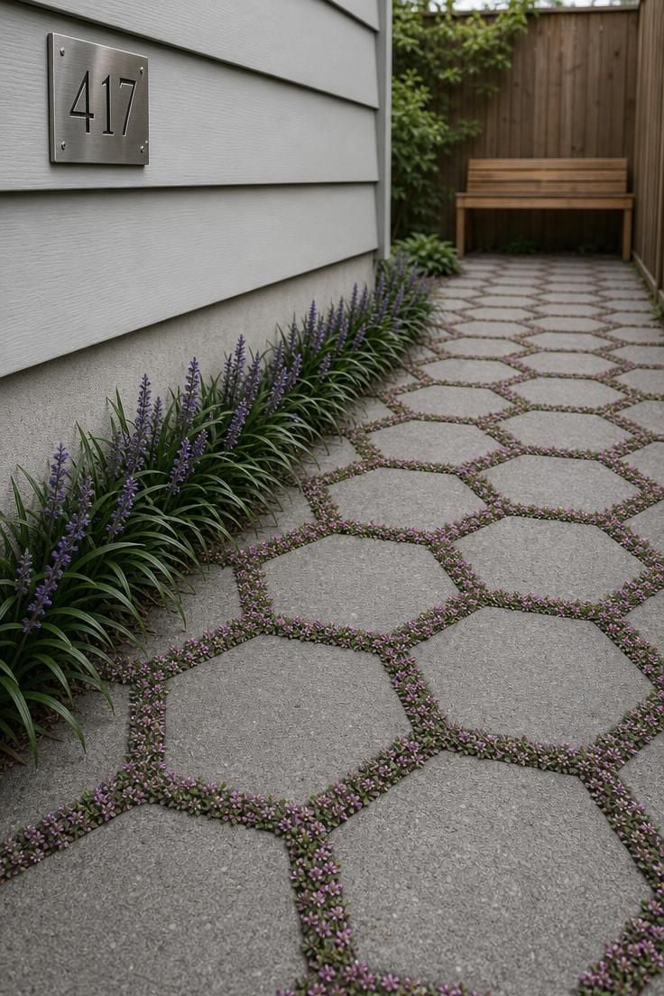 Close-up of gray concrete hexagonal pavers with creeping Elfin thyme ground cover in joints, photographed at a steep angle on an overcast day in a side yard.