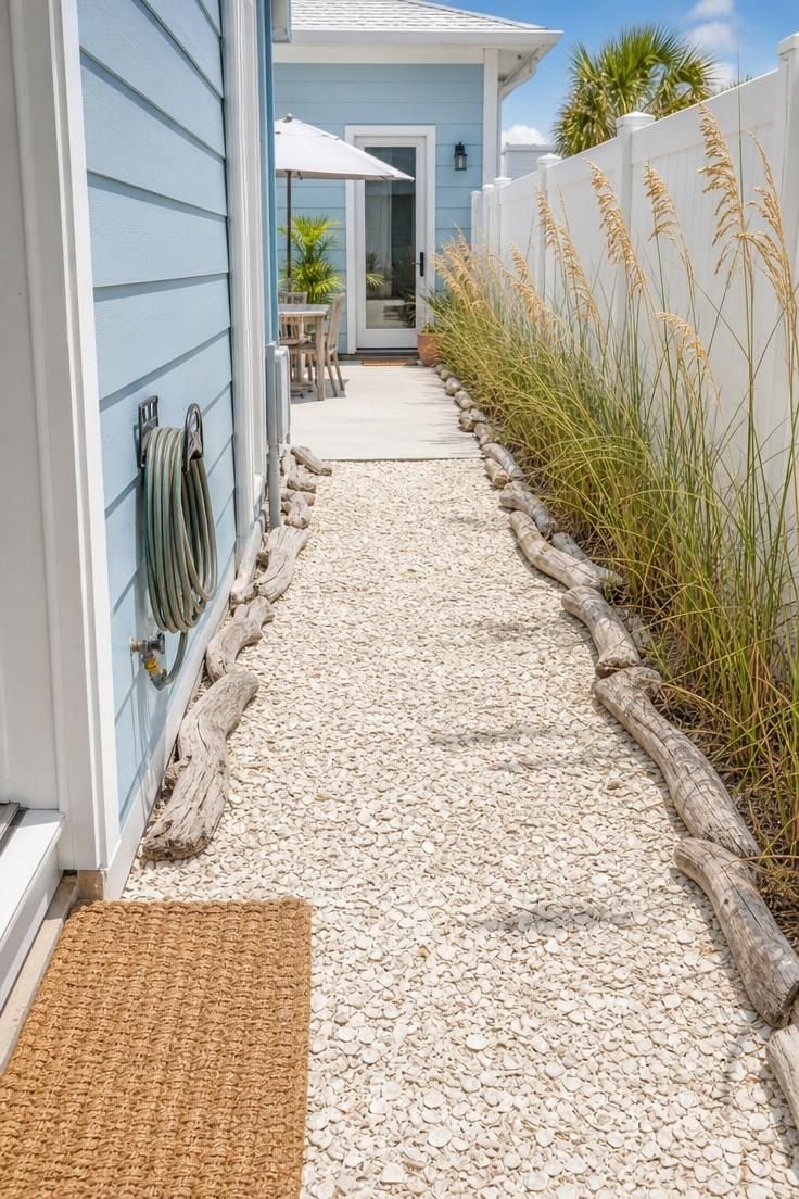 Crushed oyster shell pathway with driftwood edging in a bright side yard, flanked by sea oats and a pale blue house with midday sun.