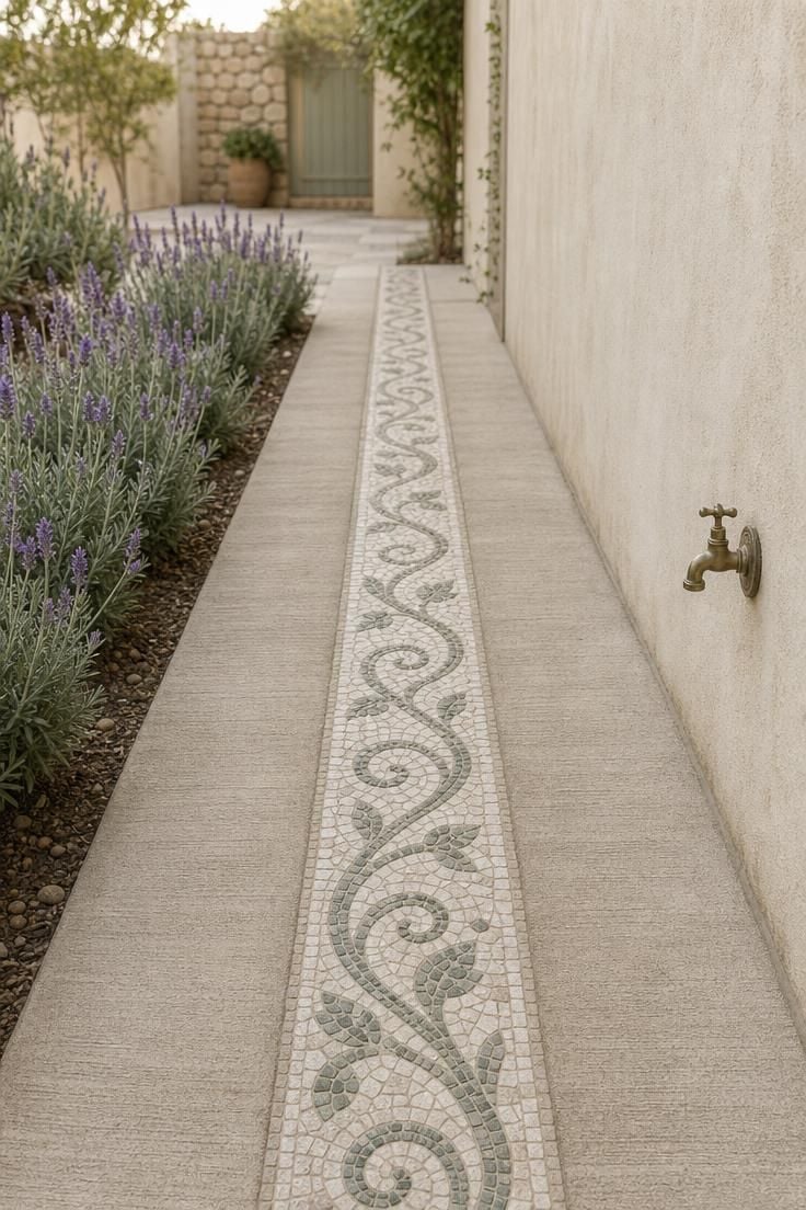 Low angle close-up of a tumbled marble mosaic inlay on a brushed concrete side yard pathway with lavender border and ivory garden wall in soft diffused light.