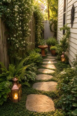 Charming side yard pathway with natural flagstone stepping stones through green ground cover, flanked by climbing jasmine on a wooden fence and warm afternoon light.