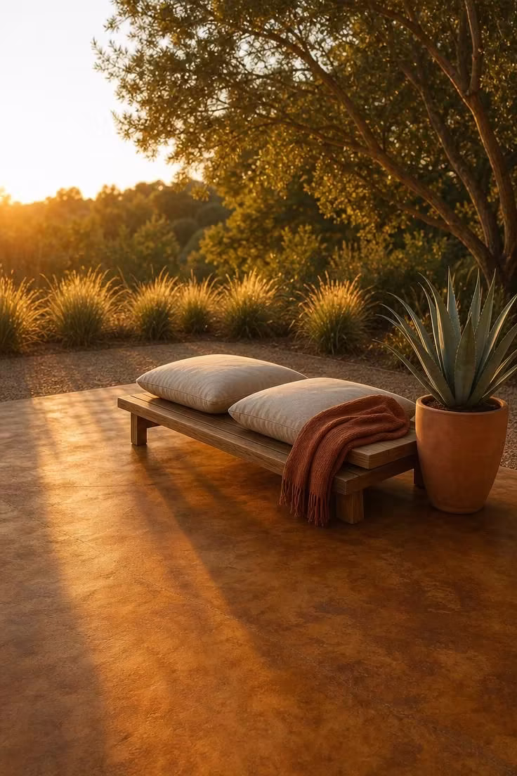 Acid-stained concrete patio in amber tones with a teak bench and linen cushions at golden hour