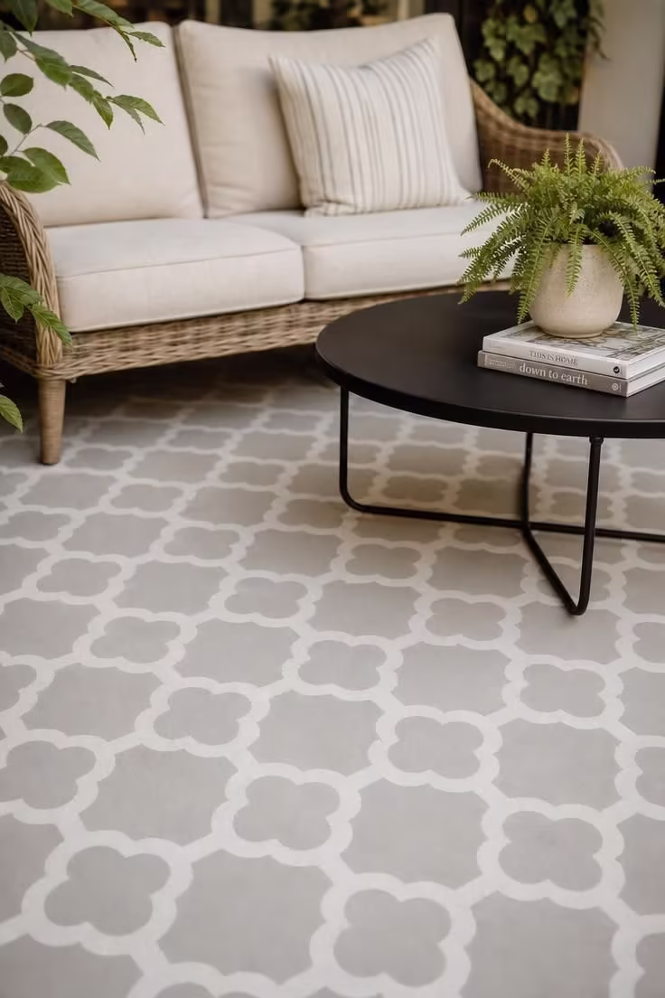 Painted stencil tile pattern on a concrete patio with a wicker loveseat in soft diffused afternoon light