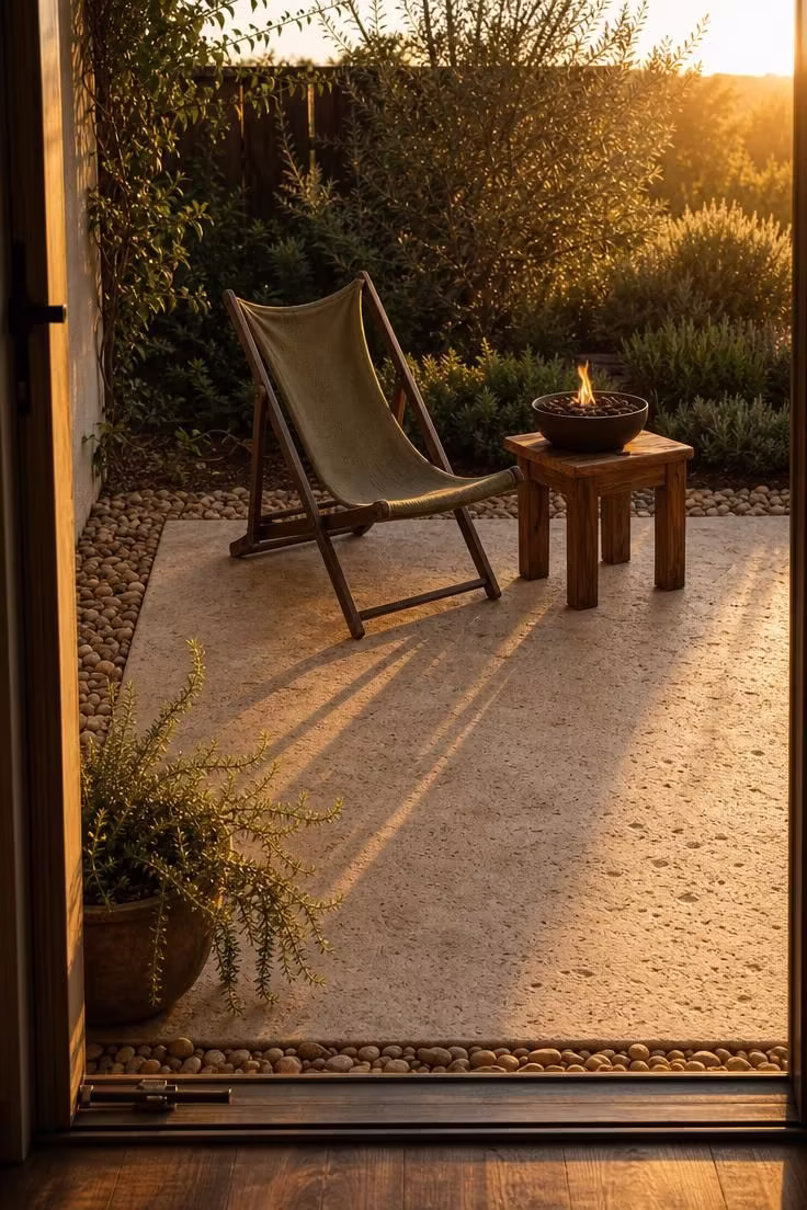 Salt-finish concrete patio with river rock borders and a canvas sling chair seen from a doorway at golden hour