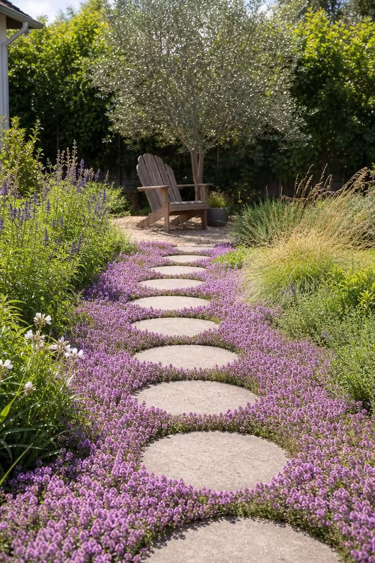 Concrete stepping rounds through creeping thyme groundcover leading to a teak Adirondack chair in bright midday sun