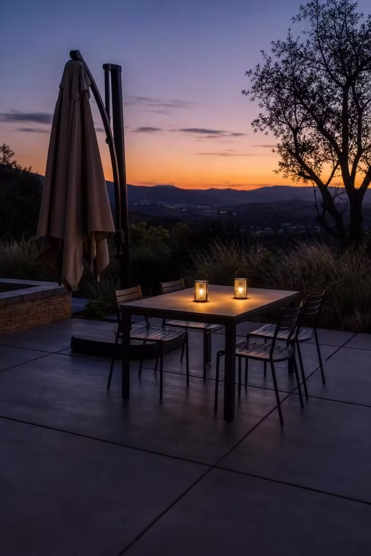 Scored concrete patio with cantilever umbrella and lantern-lit dining table at dusk