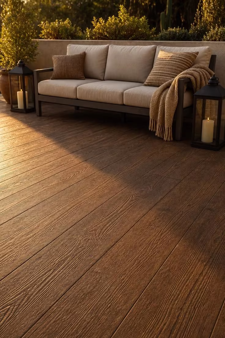 Stamped wood-plank concrete overlay with cedar stain, outdoor sofa, and floor lanterns at golden hour