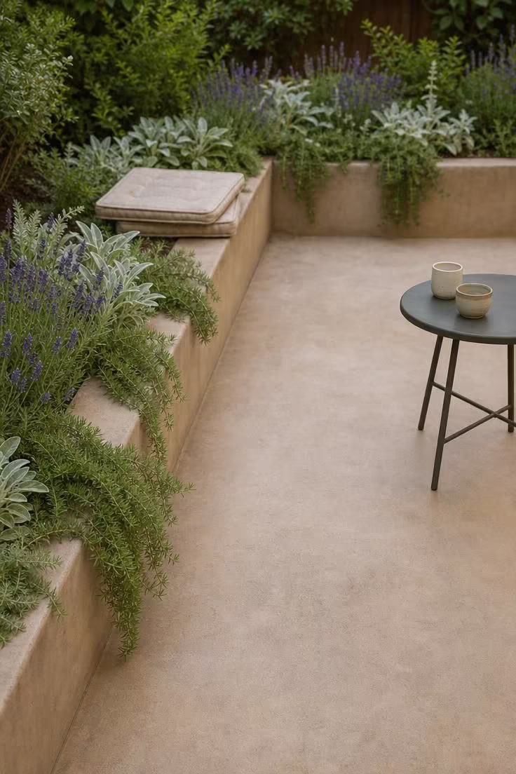Concrete curb planters with rosemary and lavender along a smooth-finish patio seen from overhead in soft diffused light