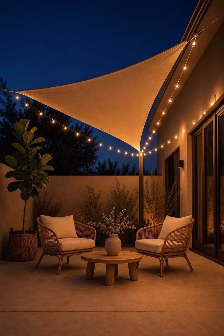 Shade sail over sandstone-colored concrete patio with string lights and rattan lounge chairs in evening light