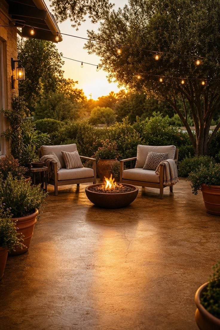 Simple Spaces 18 A warm and inviting simple concrete patio with stained surface, outdoor seating, fire bowl, and string lights at golden hour