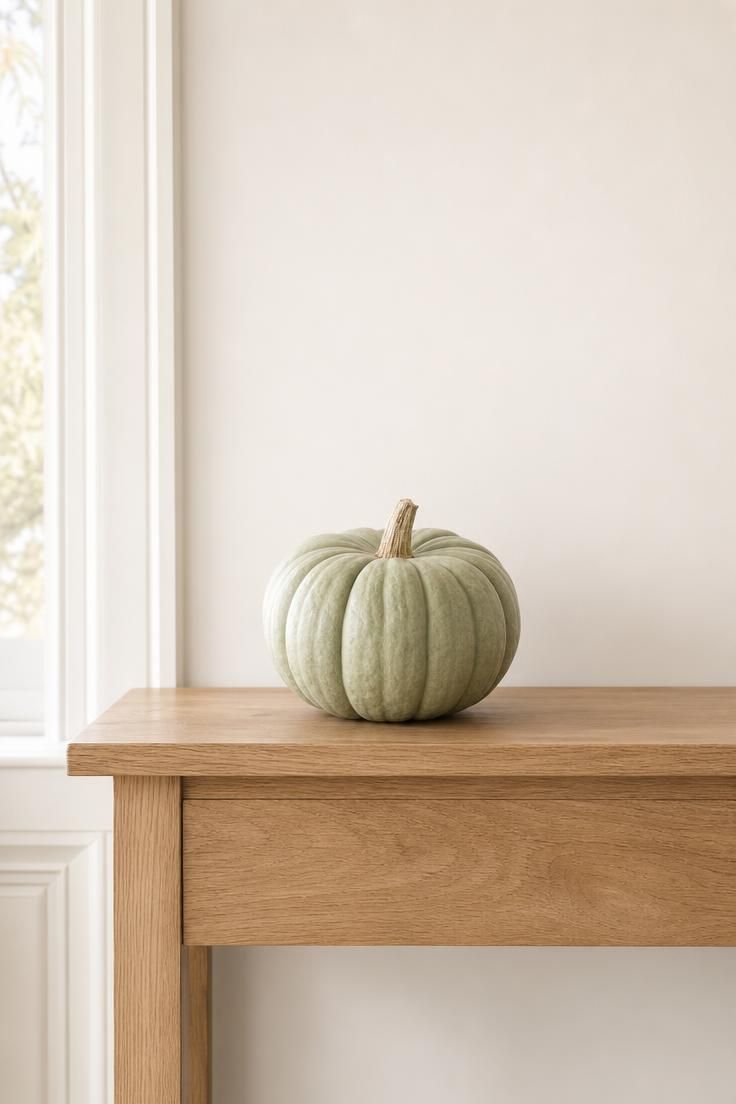 A single pale green heirloom pumpkin on a bare oak console for simple fall decor.