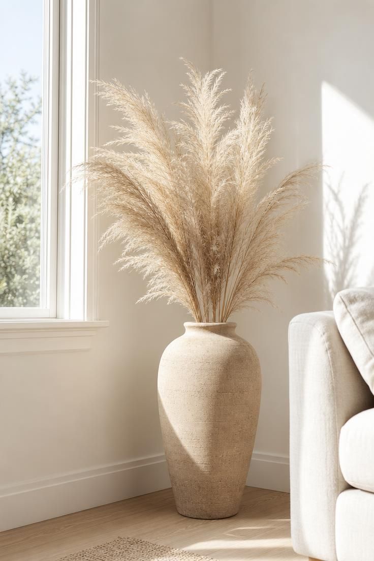 A single spray of dried pampas grass in a tall stoneware vase for minimalist fall decor.