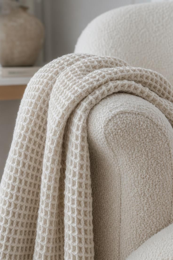 A cream waffle-weave throw folded over a boucle chair, one of the easiest fall throw blankets to swap in.