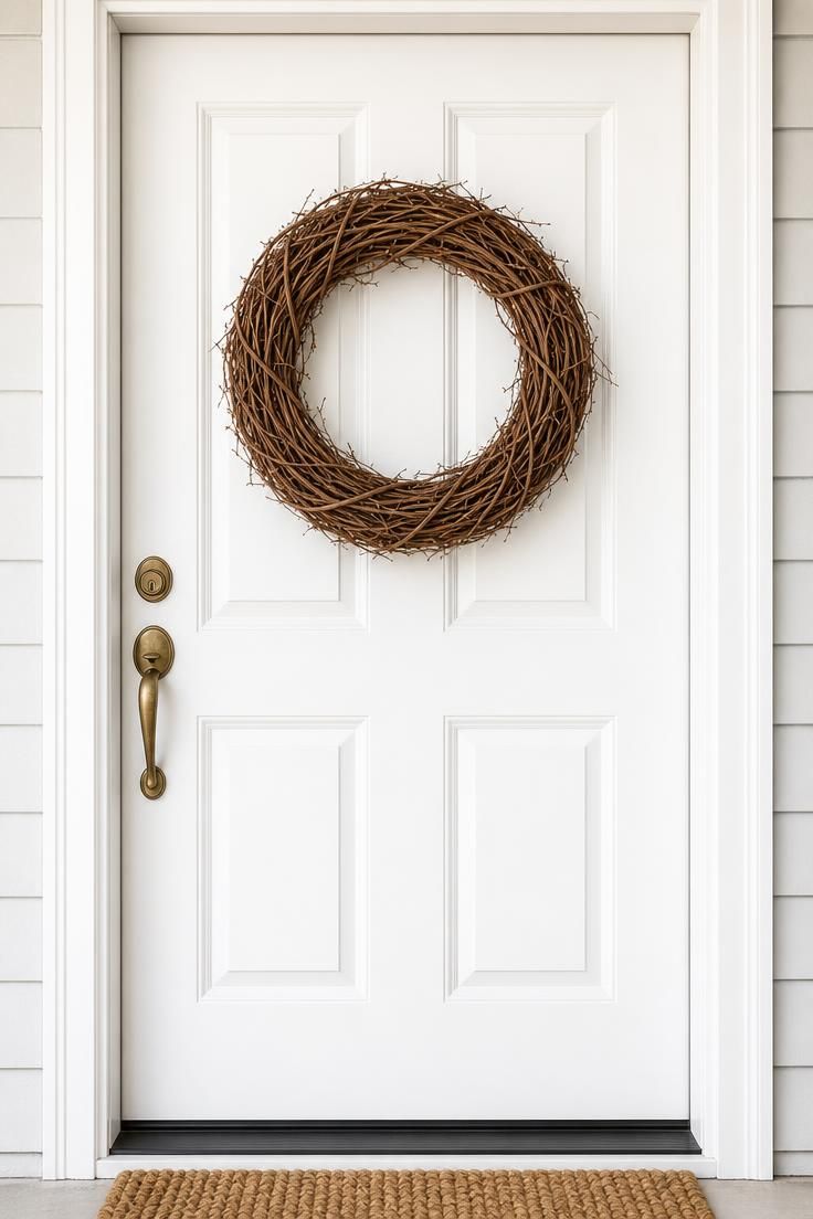 A bare grapevine wreath on a white door, the most restrained seasonal wreath for fall.