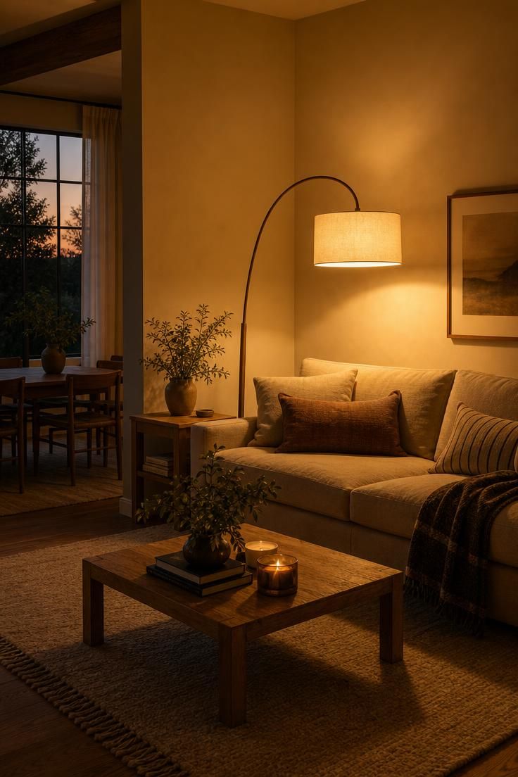 A floor lamp with a warm-white bulb glowing over a cozy living room in fall.