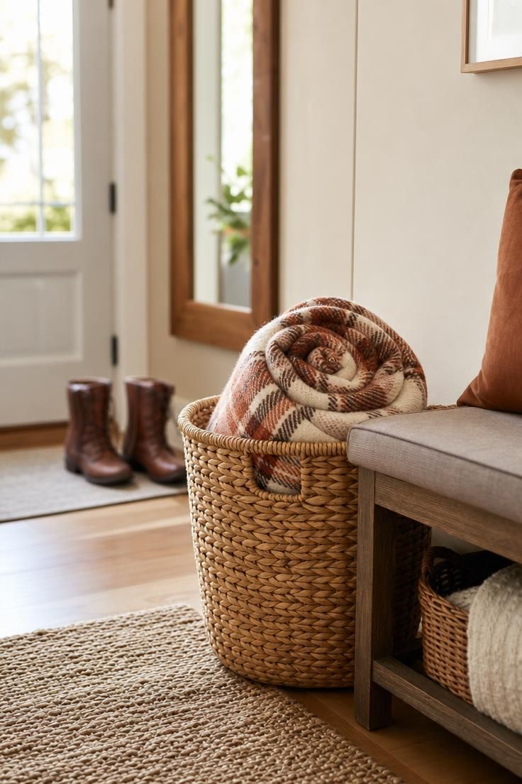 A rolled wool plaid throw in an entry basket as easy fall entryway decor.